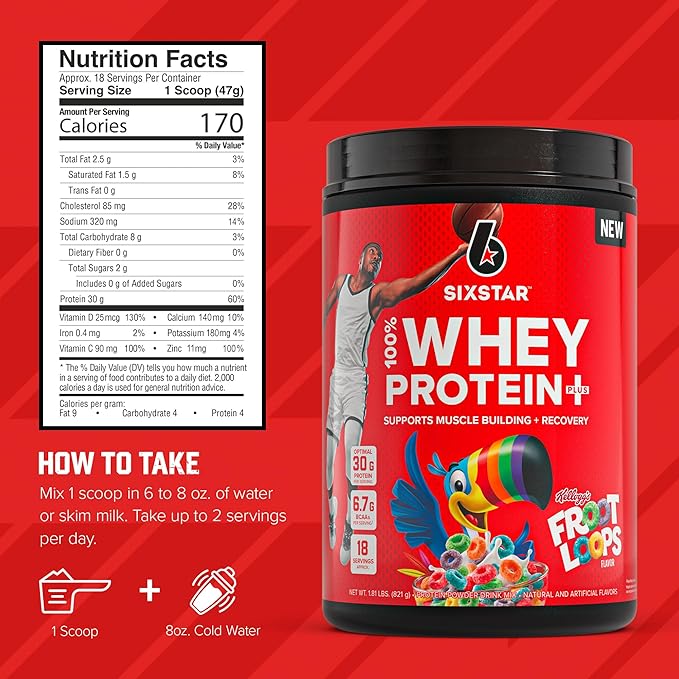 Six Star Whey Protein Powder Plus - Muscle Building & Recovery Formula with Whey Isolate Powder, BCAAs, 30g Protein, Immune Support - Post-Workout Supplement - Kellogg’s Froot Loops Flavor, 1.8 lbs