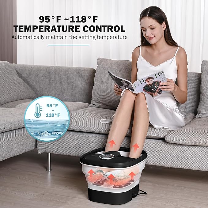 Collapsible Foot Spa Electric Foot Bath with Heat, Bubble, Remote, 24 Motorized Shiatsu Massage Balls. Pedicure Soaking tub for Feet Stress Relax (Black)