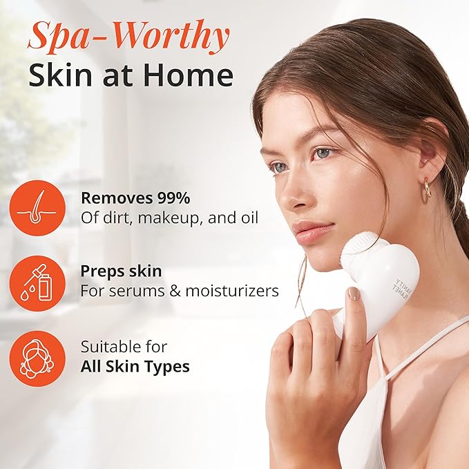 Raedia Daily Facial Cleansing Brush with 4 Interchangeable Brush Heads by Vanity Planet - Handheld, Lightweight for Glowing Skin - Water Resistant Face Exfoliator - Dusty Pink