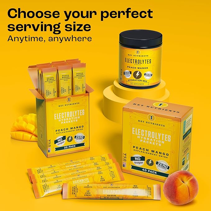 KEY NUTRIENTS Electrolytes Powder Packets - Tropical Peach Mango 20 Pack Hydration Packets - Travel Hydration Powder - No Sugar, No Calories, Gluten Free - Made in USA - Peach Mango