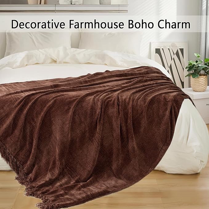 Chenille Throw Blanket for Couch 60"X 80" Twin, Soft Cozy Throws with Fringe Tassel for Bed Sofa Chair Cover, Lightweight Knitted Decorative Boho Blankets for Living Room, Dark Brown