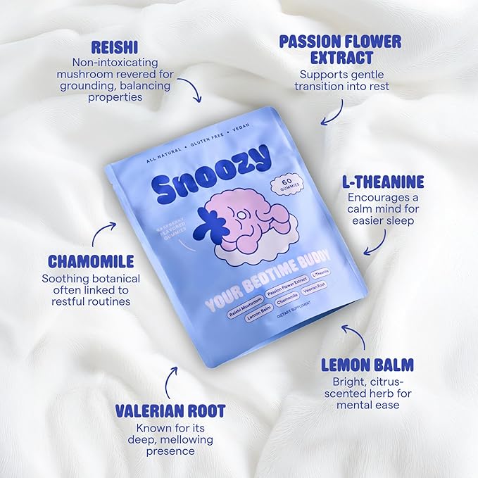 Snoozy Bedtime Buddy, Sleep Mushroom Gummies | Reishi, Chamomile, Valerian Root, Lemon Balm Extract | Natural Sleep Aid, Melatonin Free | Raspberry Flavored, 60 Gummies, 1 Pack