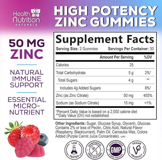 Zinc Supplement 50mg Gummies for Adults - Max Strength Skin Health & Immune Support Gummy, Vegan, Non-GMO & Gluten Free, Nature’s Antioxidant & Bone Health Chewable Tasty Berry Flavor - 60 Gummies