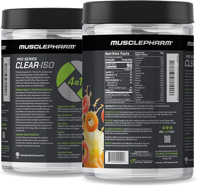 MusclePharm Pro Series Clear-ISO, Clear Protein Powder, 20g Fast-Acting Whey Isolate per Serving Plus BCAAs & L Glutamine | Pro-Grade Muscle Recovery & Growth | Sour Peach Rings, 1.14 lb, 20 Servings