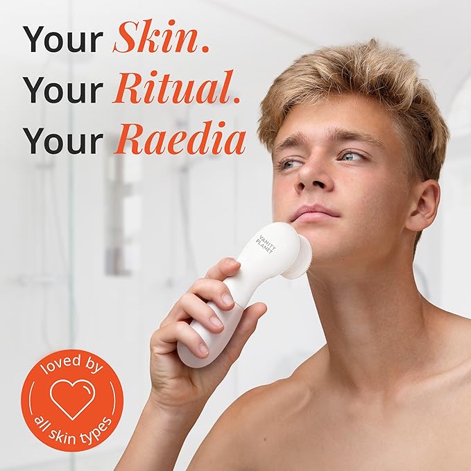 Raedia Daily Facial Cleansing Brush with 4 Interchangeable Brush Heads by Vanity Planet - Handheld, Lightweight for Glowing Skin - Water Resistant Face Exfoliator - Dusty Pink