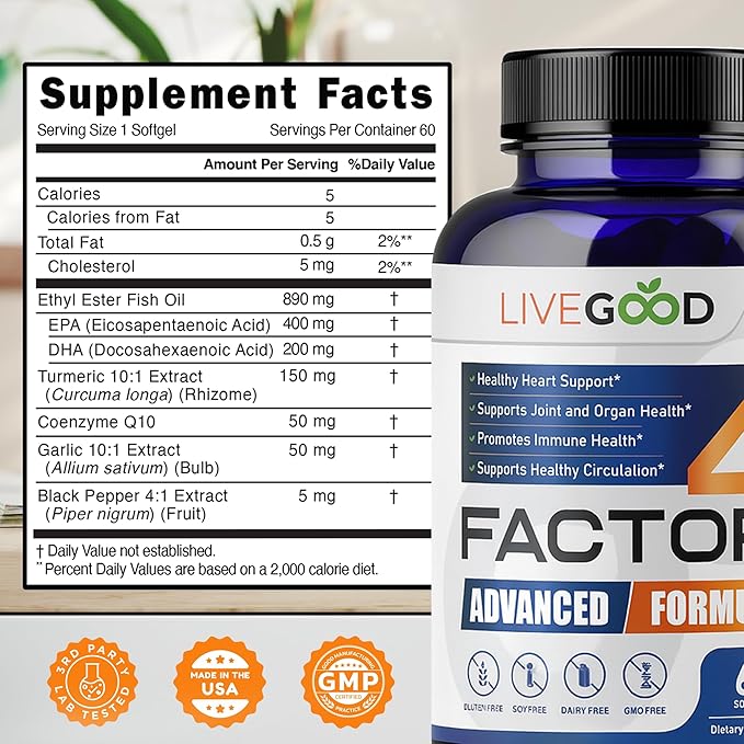 LIVEGOOD™ Factor 4, Omega 3 Fish Oil with EPA & DHA, CoQ10, and Turmeric, Advanced Q10 Coenzyme & CoQ10 Supplements, DHA Supplements for Heart, Joint & Immune Support, Made in USA, 60 Count,