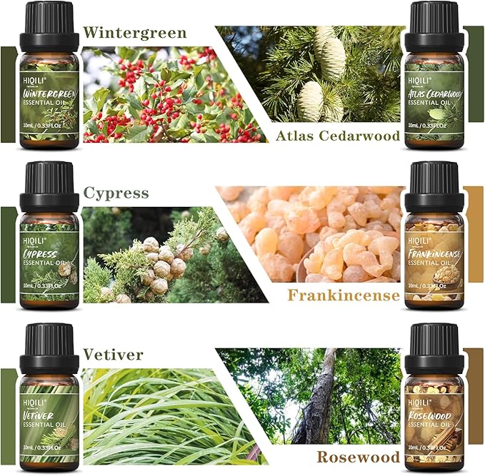 HIQILI Woodsy Fragrance Oil Set for Aromatherapy Diffuser, Ideal for DIY Candles & Perfume Making, Massage Oil - Cedarwood, Wintergreen, Frankincense, Vetiver, Rosewood, Cypress - 6x10ml