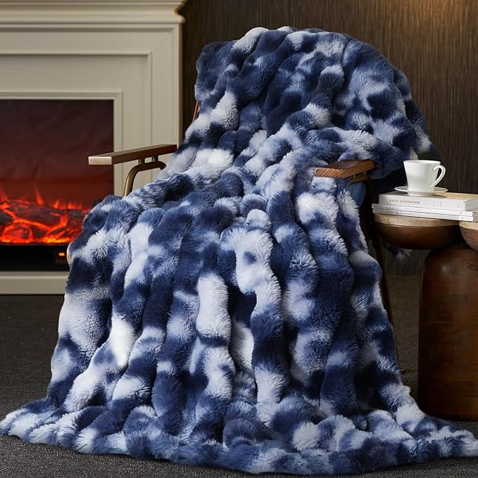 Amélie Home Faux Fur Throw Blanket for Couch, Fuzzy Soft Plush Thick Bubble Blanket for Sofa Bedroom Living Room, 60"x80" Inches, Tie-dye Blue