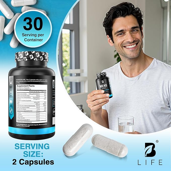 Men’s Hair Supplement – 60 Capsules – Biotin for Hair Growth Men – Hair Vitamins for Hair Loss for Men – Hair Supplements for Hair Growth with Collagen, Zinc, Selenium, Vitamins A,C,D,E – 30 Servings