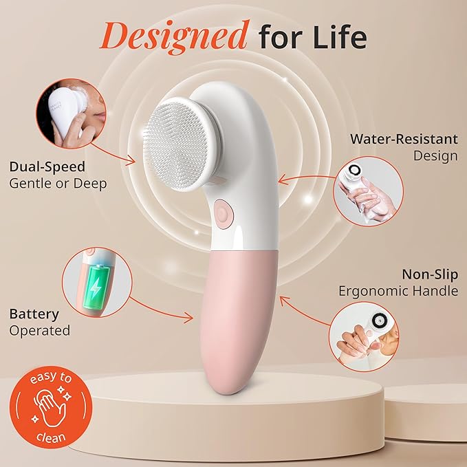 Raedia Daily Facial Cleansing Brush with 4 Interchangeable Brush Heads by Vanity Planet - Handheld, Lightweight for Glowing Skin - Water Resistant Face Exfoliator - Dusty Pink