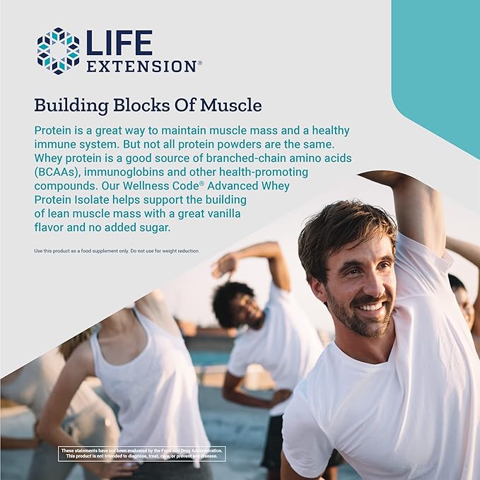 Life Extension Wellness Code Advanced Whey Protein Isolate - Vanilla Flavor -Protein Shake Mix Powder for Muscle Growth & Immune Health Support - Gluten Free, Non-GMO, Sugar Free - 454g - 20 Servings