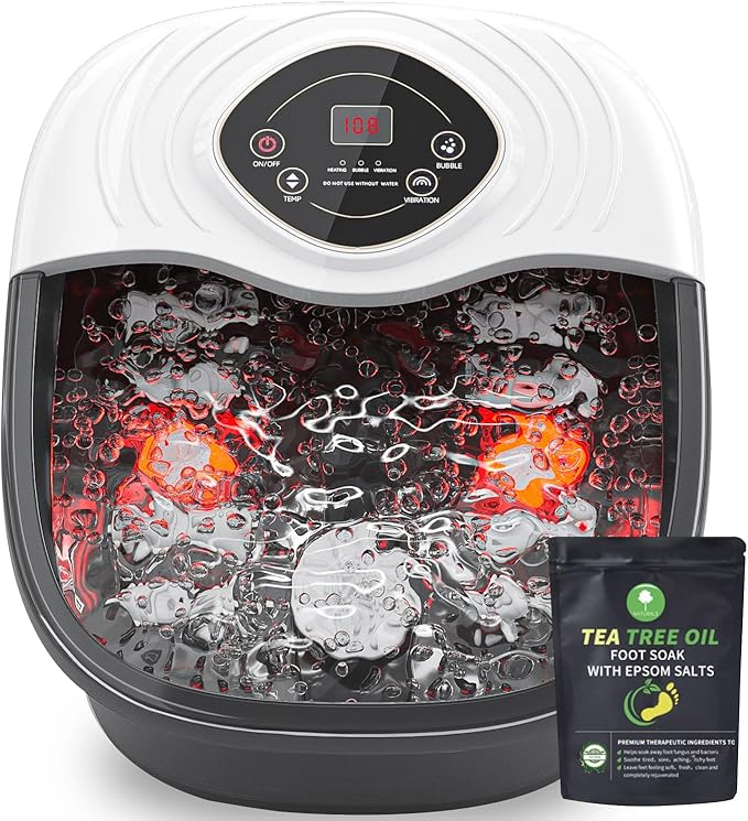 Foot Spa Bath Massager with Tea Tree Oil Foot Soak with Epsom Salt - with Heat, Bubbles and Vibration,Red Light,Medicine Box Digital Temperature Control 8 Acupressure Massage Points