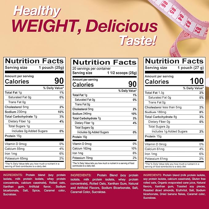 ProtiDIET High Protein Oatmeal Variety Pack - Apple Cinnamon, Maple Brown Sugar and Banana Nut - High Fiber, Low Calorie Diet for Adults - 7 Pouches Each Box