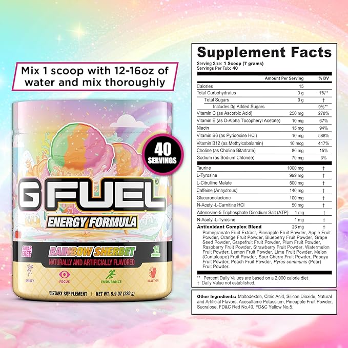 G Fuel Rainbow Sherbet Energy Drink Powder, Pre Workout Caffeine Mix for Gaming, Sugar Free Focus Amino, Vitamin + Antioxidants, 9.9oz (Rainbow Sherbet, 40 Servings)
