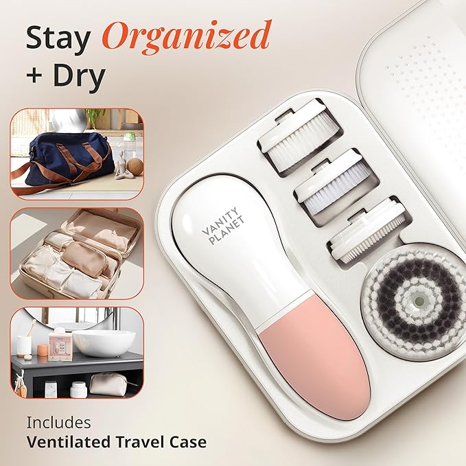 Raedia Daily Facial Cleansing Brush with 4 Interchangeable Brush Heads by Vanity Planet - Handheld, Lightweight for Glowing Skin - Water Resistant Face Exfoliator - Dusty Pink
