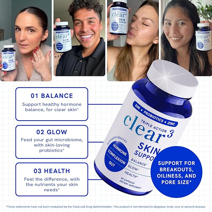 Clear Skin Acne Supplement with Zinc, DIM & Probiotics | 3-in-1 Balance, Clarify, Restore Support with Hyaluronic Acid & Skin Support Vitamins | for Women & Men | Oral Hormonal Acne Pills | 60 Ct