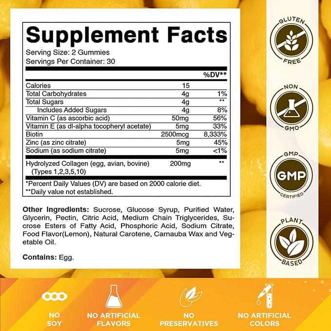 Vitamatic Hydrolyzed Collagen Gummies with Vitamin C, Zinc and Biotin, 200 mg - Healthy Skin Support - 60 Gummies