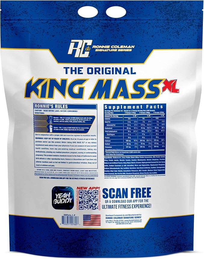Ronnie Coleman Signature Series King Mass XL Mass Gainer Protein Powder, Muscle Gainer, 60g Protein, 180g Carbohydrates, 1,000+ Calories, Creatine and Glutamine, Vanilla Ice Cream, 15 Pound