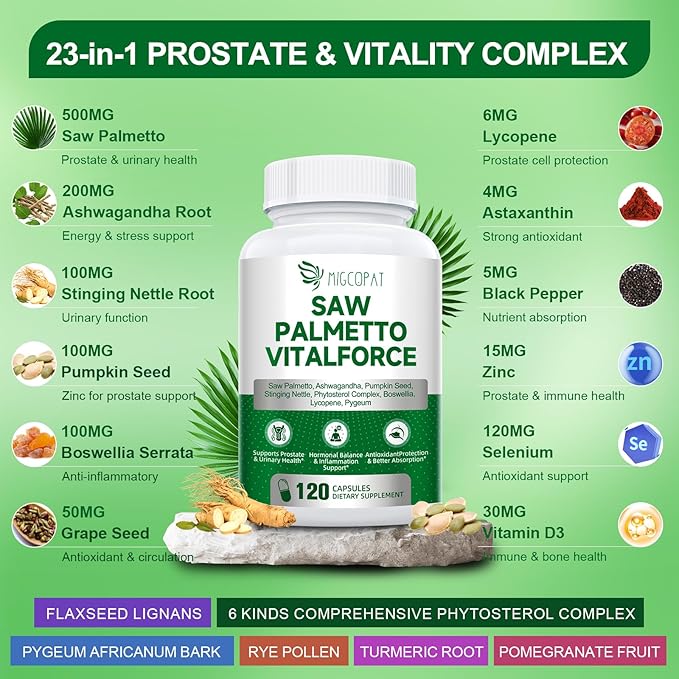 23-in-1 Saw Palmetto for Men 10000 mg Saw Palmetto per Serving, Prostate Health Supplement Pro with Ashwagandha, Pumpkin Seed, Stinging Nettle for Prostate, DHT Blocker, Urinary & Hormones, 120 Caps