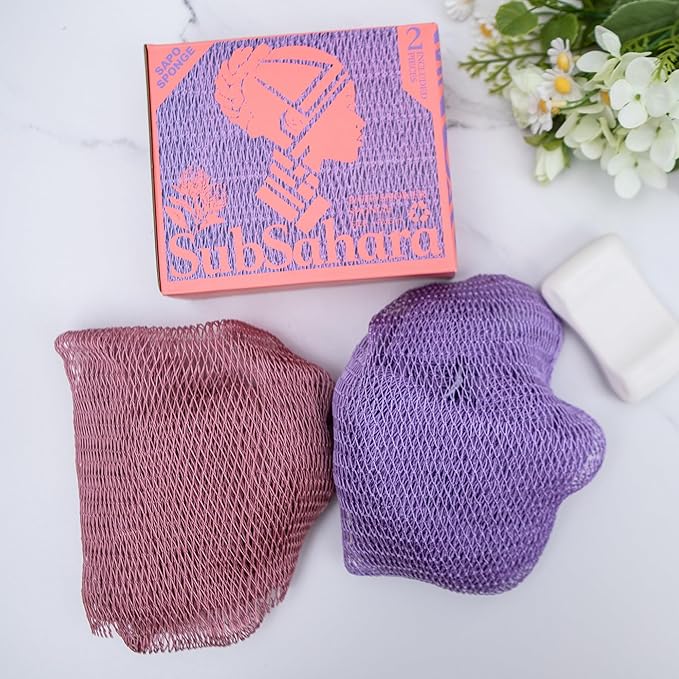 SubSahara Authentic African Net Sponge - 2 Pieces Exfoliating Scrubber for All Skin Types, Bath Sponge for Face & Body, Travel Portable, Durable, Gentle Exfoliation (Blush Pink & Lavender Purple)