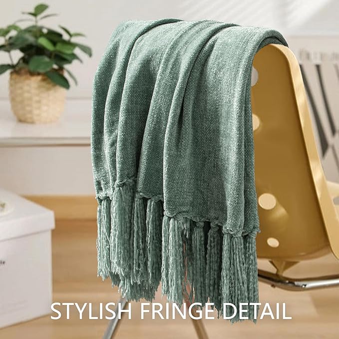 Chenille Throw Blanket for Couch 50"X 60", Soft Cozy Throws with Fringe Tassel for Bed Sofa Chair Cover, Lightweight Knitted Decorative Boho Blankets for Living Room, Sage Green