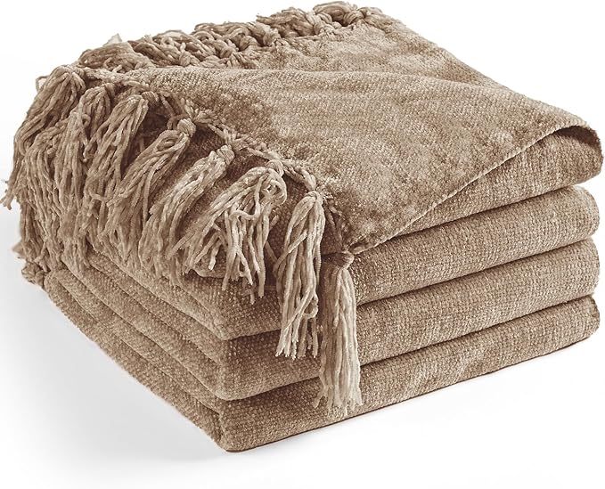 Chenille Throw Blanket for Couch 60"X 80" Twin, Soft Cozy Throws with Fringe Tassel for Bed Sofa Chair Cover, Lightweight Knitted Decorative Boho Blankets for Living Room, Taupe