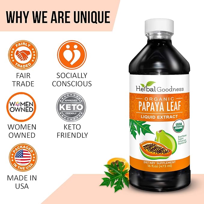 Herbal Goodness Papaya Leaf Extract Platelet Support - 15X Blood Platelet Boost, Bone Marrow & Spleen Support, Immune & Gut Health, Digestive Enzyme - Organic Kosher 16 oz Liquid Extract