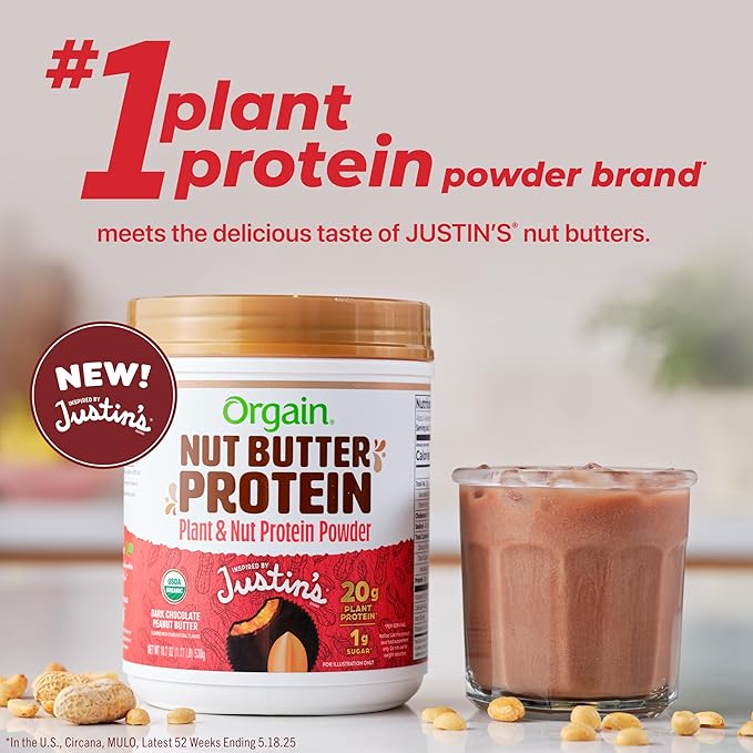 Orgain X Justin's ® Organic Vegan Nut Butter Protein Powder, Chocolate Peanut Butter- 20g Plant Protein, 1g Sugar, Gluten Free, No Dairy, Soy Ingredients, or Artificial Flavors, 1.17 lb