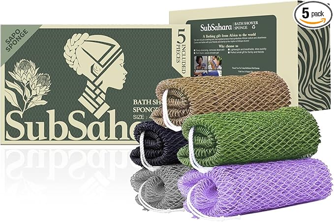 SubSahara African Net Sponge Authentic - 5 Pieces Gentle Exfoliating Scrubber for All Skin Types, Bath Sponge for Face & Body, Travel Portable