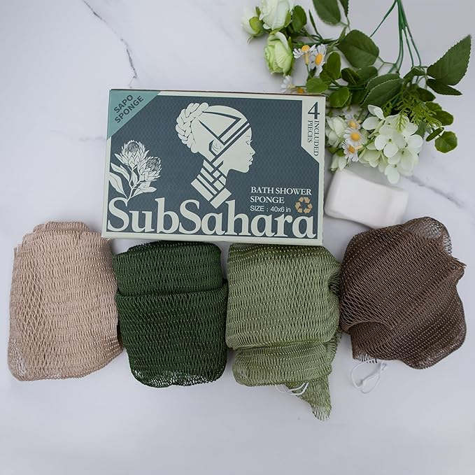 SubSahara African Net Sponge Authentic - 4 Pieces Gentle Exfoliating Scrubber for All Skin Types, Bath Sponge for Face & Body, Travel Portable (Light Brown, Linen, Olive Green, Light Green)