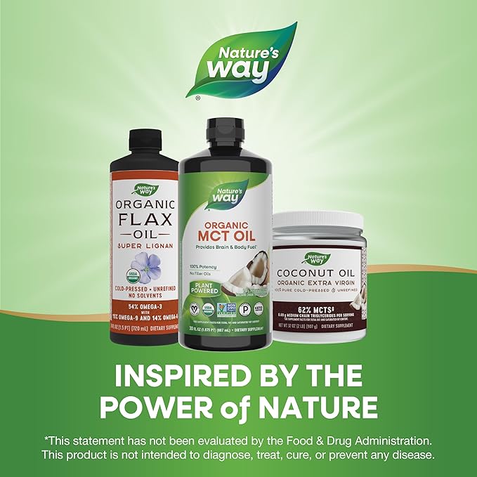 Nature's Way Organic MCT Oil, 30 Fl Oz, Brain and Body Fuel from Coconuts*, C8 Caprylic Acid and C10 Capric Acid, Keto and Paleo Certified, Organic, Non-GMO Project Verified