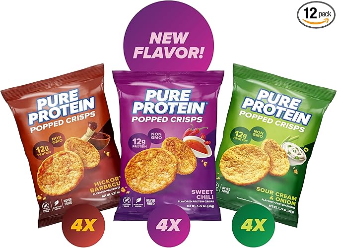 Pure Protein Popped Crisps, High Protein Snack, 12G Protein, Variety Pack: Hickory Barbecue, Sour Cream & Onion, Sweet Chili, 12 Count