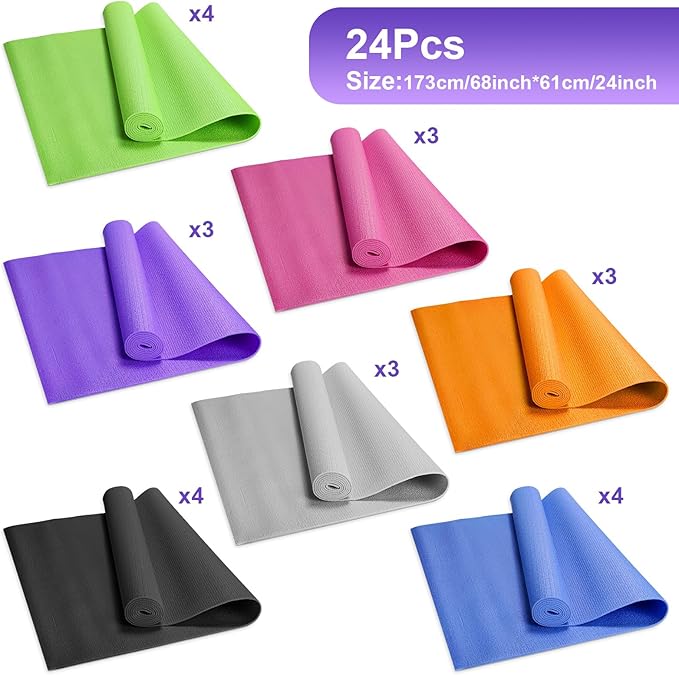 24 Pcs 3 mm Thick Yoga Mat Bulk, 68.11 x 24.02 Inches Exercise Workout Non Slip Fitness Pad for Women Kids Gym Home Yoga Pilates, Reliable Sturdy Material and Easy to Clean