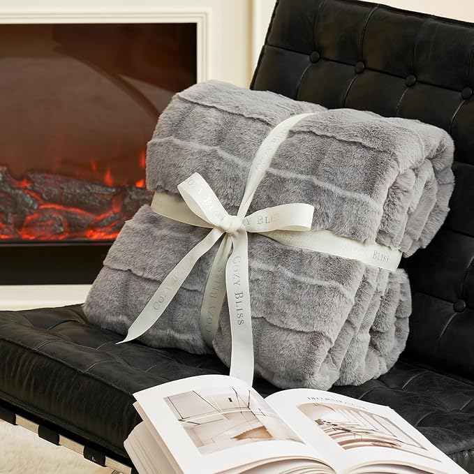 Cozy Bliss Fluffy King Size Throw Blankets for Bed,Lightweight Cozy Soft Grey Faux Fur Throw Blankets for Sofa Bedroom Living Room,108x90 Inches