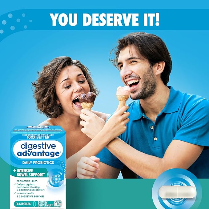 IBS Daily Probiotic Capsules for Digestive Health & Gut Health, Digestive Advantage Probiotics For Men and Women (96 count box) - Digestible Enzymes