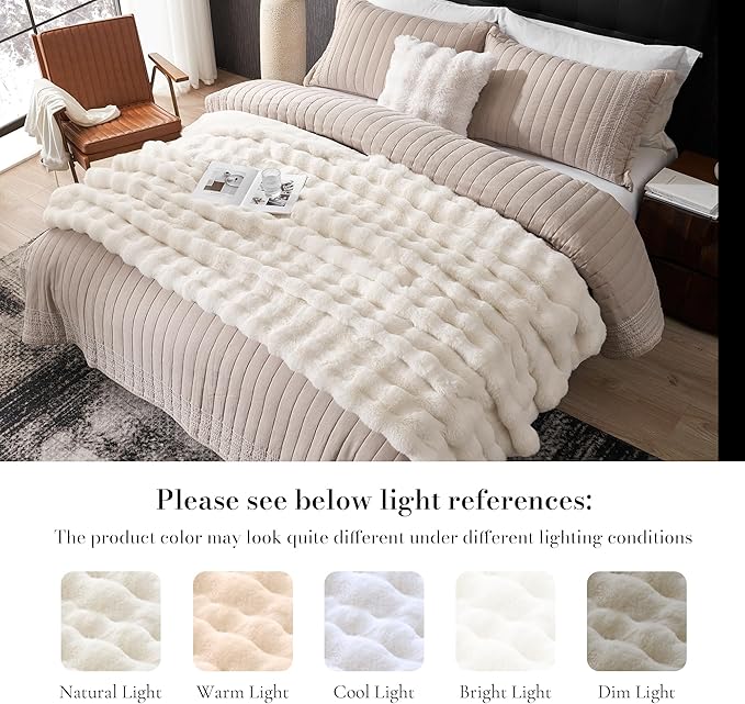 Amélie Home Faux Fur Throw Blanket for Couch, Fuzzy Soft Plush Thick Bubble Blanket for Sofa Bedroom Living Room, 50"x60" Inches, Cream White