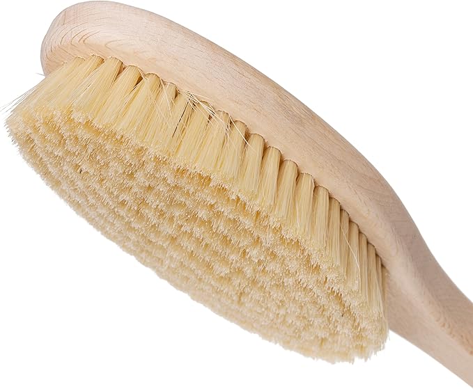 REDECKER Beechwood Bath and Shower Brush - Boar Bristle Back Brush Shower - 17-3/4 inch Handle for Hard-to-Reach Areas - Natural Pig Bristle Fibers Remove Dead Skin - Long Handled Bristle Shower Brush