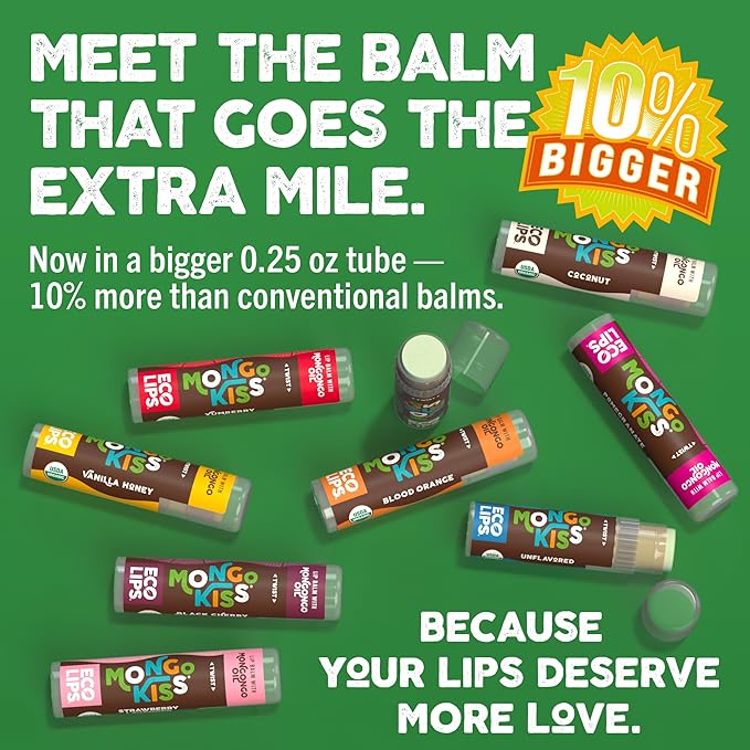 Eco Lips Mongo Kiss Organic Lip Balm 4 Pack - 100 Percent USDA Organic - Soothe, Moisturize Dry, Cracked and Chapped Lips - Made in USA (Peppermint & Vanilla Honey)