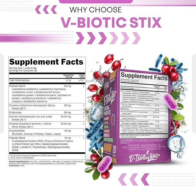 Clean Nutraceuticals Vaginal Probiotics for Women with Cranberry Extract, D-Mannose, Prebiotics, pH Balance for Women, Vaginal Health – Womens Probiotic Alternative to Gummies - 20 Stix