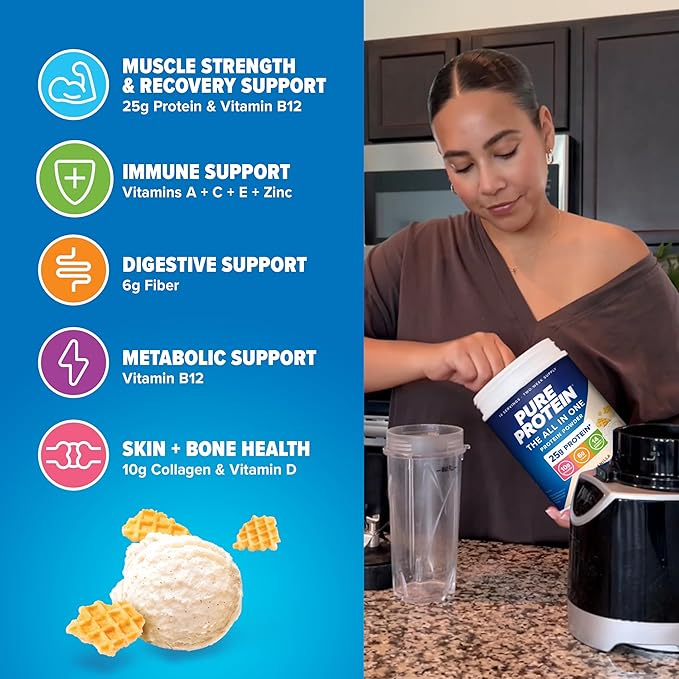 Pure Protein All-In-One Powder, Rich Chocolate - Whey & Collagen, High Fiber, Vitamins, No Added Sugar, Non-GMO, Gluten-Free, 1.25lb