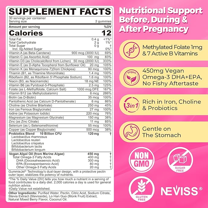 Prenatal Vitamins for Women Multivitamin Gummies w/ Methylfolate 1mg, Choline Omega-3(DHA+EPA) Iron, Postnatal Vitamins for Women Breastfeeding | Before,During & After Pregnancy,Sugar Free,Vegan,60Cts
