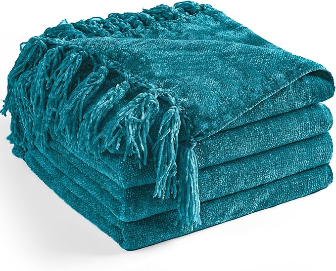 Chenille Throw Blanket for Couch 50"X 60", Soft Cozy Throws with Fringe Tassel for Bed Sofa Chair Cover, Lightweight Knitted Decorative Boho Blankets for Living Room, Teal