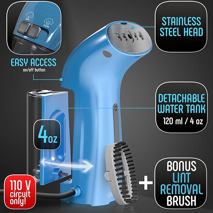 Portable Travel Garment Steamer for Clothes, Metal Steam Head, 25s Heat Up, Pump System, Mini Size, Handheld Steamer for Any Fabrics, No Water Spitting, 120V