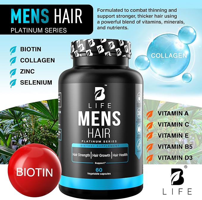 Men’s Hair Supplement – 60 Capsules – Biotin for Hair Growth Men – Hair Vitamins for Hair Loss for Men – Hair Supplements for Hair Growth with Collagen, Zinc, Selenium, Vitamins A,C,D,E – 30 Servings