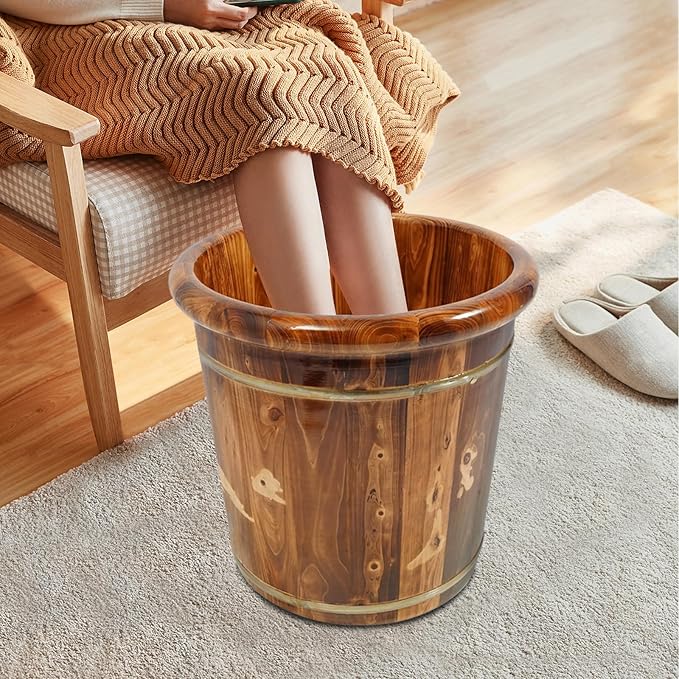 Wooden Foot Bath Bucket Foot Soaking Bath Basin with Lid Wood Footbath Barrel with Massage Beads Plate Pedicure Barrel for Spa, Massage, Sauna 15.75 * 15.75in (Brown)