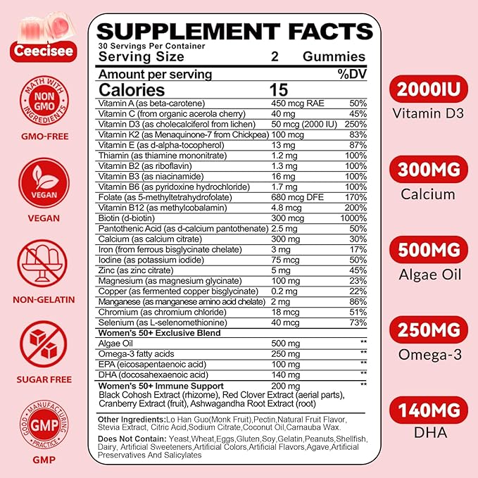Vitamin Gummies for 50+ Women: Organic Vegan Multivitamin with Iron Omega3 B12 D3 Biotin Zinc Ashwagandha for Hair Skin Health Energy Immune Support - Sugar Free Chewable Supplement(120Count)