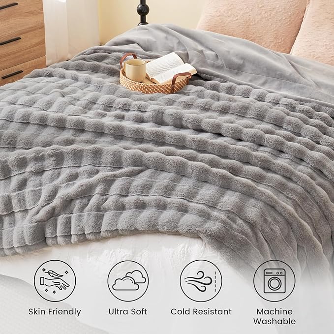 Cozy Bliss Fluffy Faux Fur Throw Blanket for Couch,Lightweight Cozy Soft Grey Throw Blankets for Sofa Bed Living Room,60x80 Inches