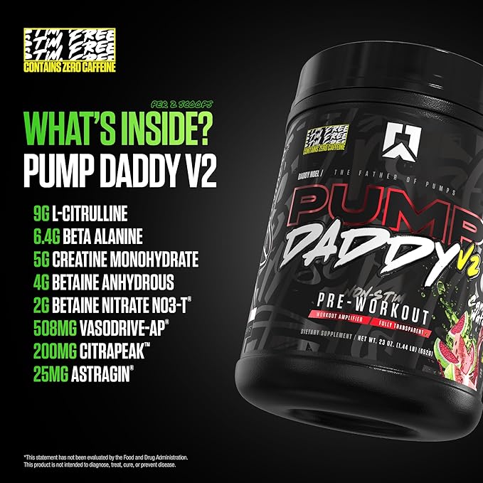 RYSE Pump Daddy V2 Pre Workout Powder - Noel Deyzel Signature - Candy Watermelon - Non-Stim Supplement with Citrulline, Creatine and Beta Alanine for Pumps, Endurance and Strength - 40 Servings