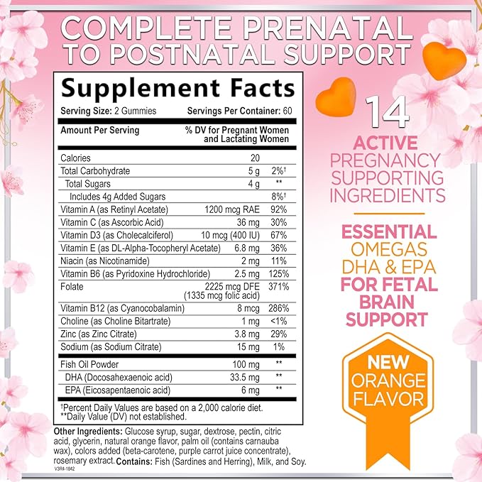 Prenatal Vitamins for Women with DHA & Folic Acid - Best Prenatal Multivitamin Gummies for Women, Brain Development Support, Folate, Vitamin C, D3 & B12, Pre Natal Pregnancy Supplement - 120 Gummies