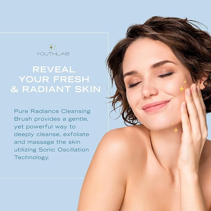 YouthLab Pure Radiance, Vibrating Facial Cleansing Brush, Electric, 3 Modes, 3 Brush Heads (2 Bristle,1 Silicone), Waterproof, Rechargeable, Smart Timer, Exfoliating, Massage (Silver)